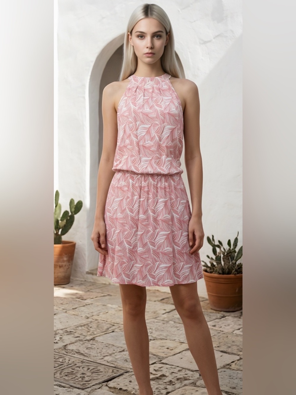 Sleeveless Pink Halter Leaf-Print Summer Dress